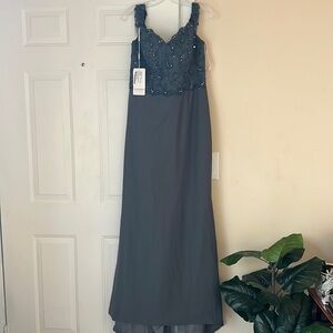JJ’s House Beaded V Neck floor length gown Steel Gray Color NWT Size 12
